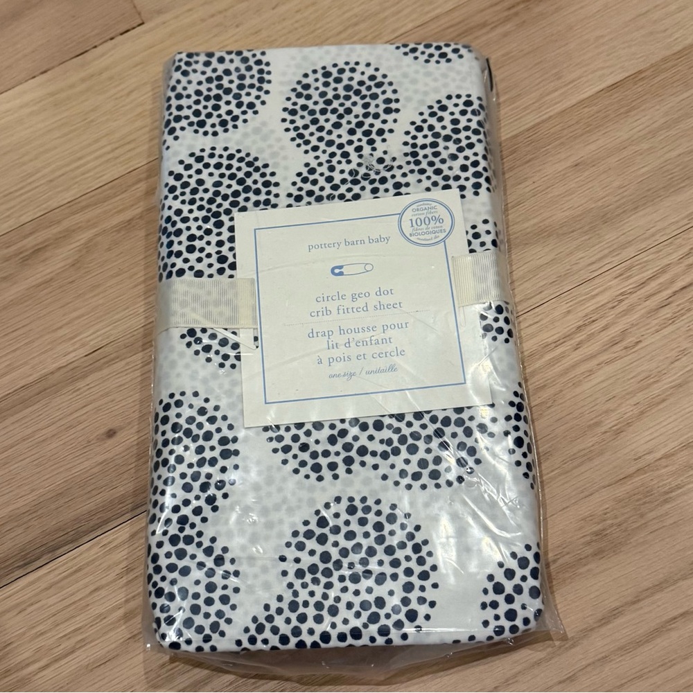 Pottery Barn Kids Navy Blue and White Circle Geo Dot Crib Sheet